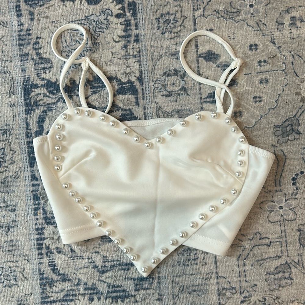 heart shaped white crop top with pearls! Size small never worn!